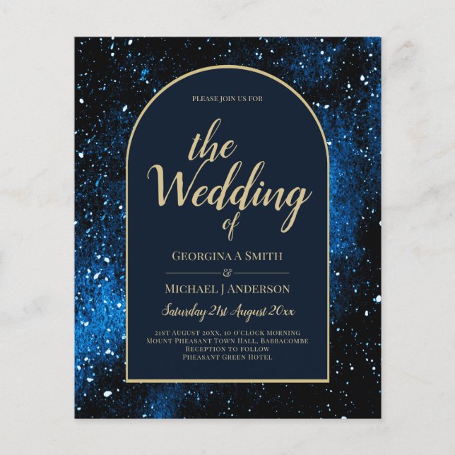 BUDGET Starry Night Navy Blue Gold Hochzeit INVITE Flyer (Vorne)
