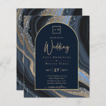 BUDGET Starry Night Navy Gold Agate Wedding INVITE