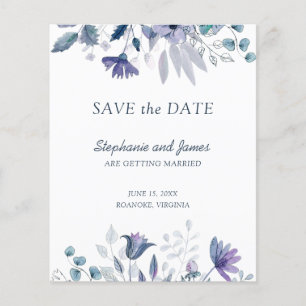 Budget Staubblau Lila Blumen Save the Date Karte