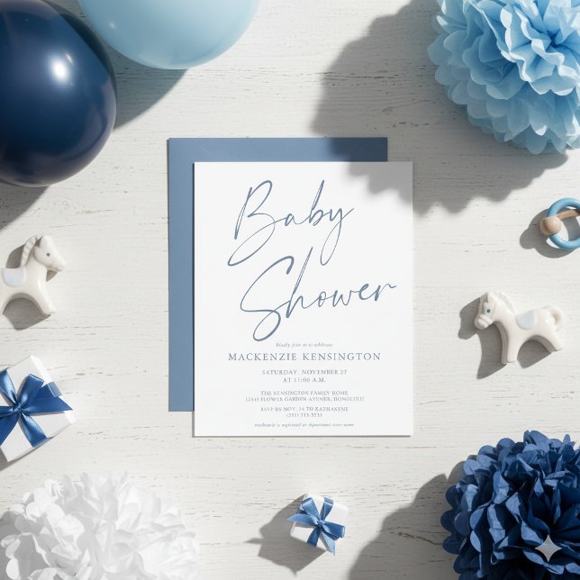 Budget Staubblau Schrift von Hand Baby-Party (Budget Dusty Blue Handwritten Script Baby Shower Invitations)