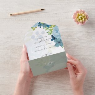 Budget Staubblaues Blumenhochzeit All In One Einladung