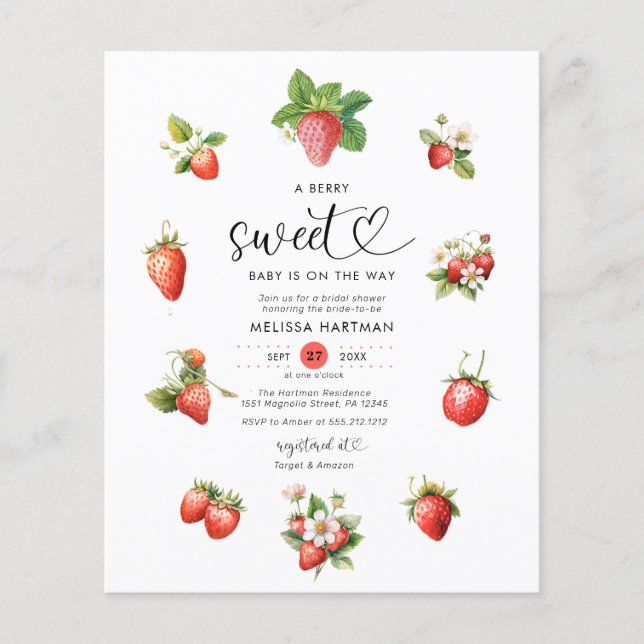 Budget Strawberry Berry Sweet Baby Shower lädt ein Flyer (Vorne)