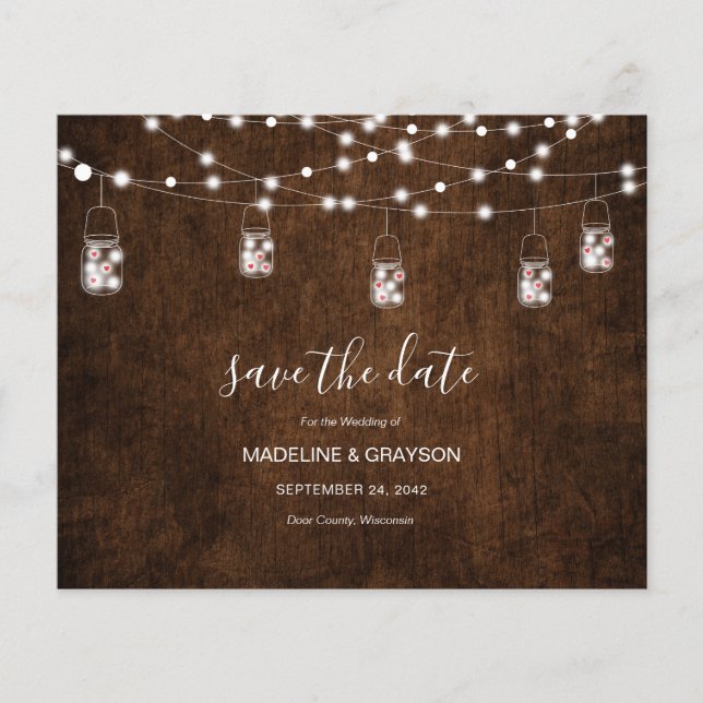 BUDGET String Lights Rustikales Holz Save the Date (Vorderseite)