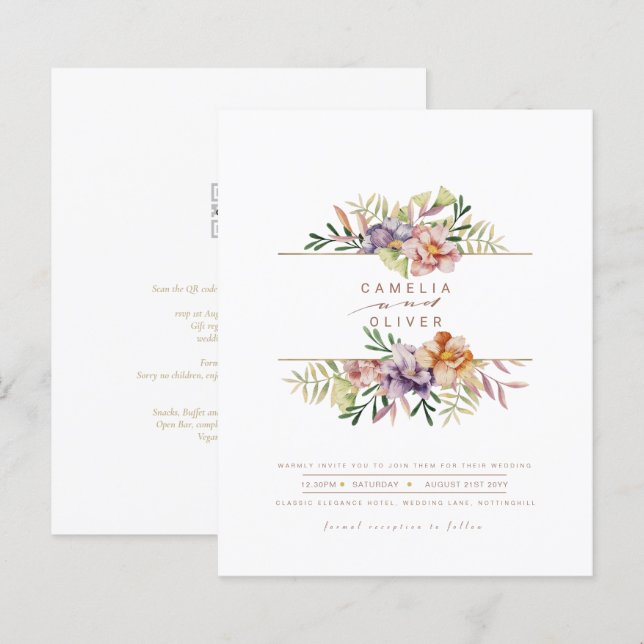 Budget Summer Floral Wedding Einladung QR Code UAW (Vorne/Hinten)