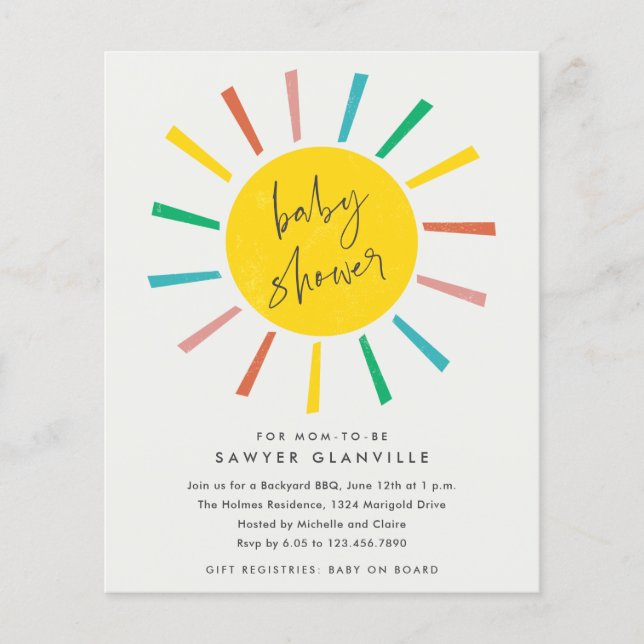 Budget Sun Script Moderne Babyshower-Einladung (Vorderseite)