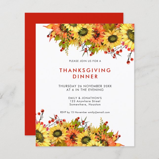 Budget Sunflower Berry Erntedank Dinner Einladung (Vorne/Hinten)