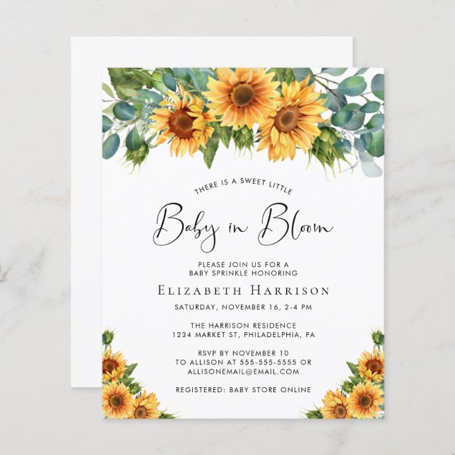 Budget Sunflower Eucalyptus Baby Sprinkle Einladun (Vorne/Hinten)