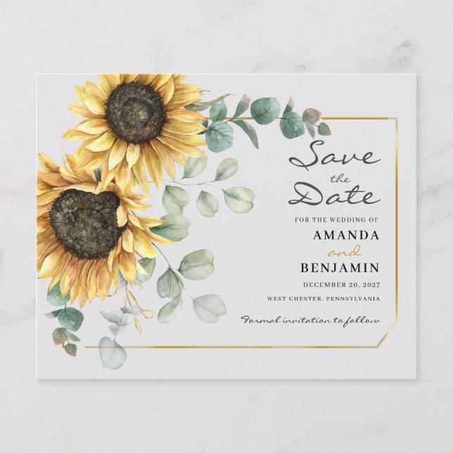 Budget Sunflower Eukalyptus Floral Save the Date (Vorderseite)