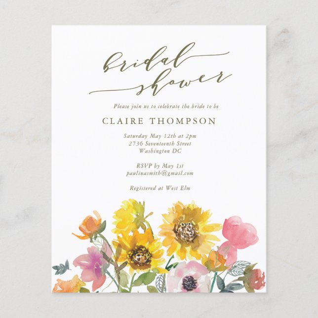 Budget Sunflower Watercolor Script-Brautparty (Vorderseite)