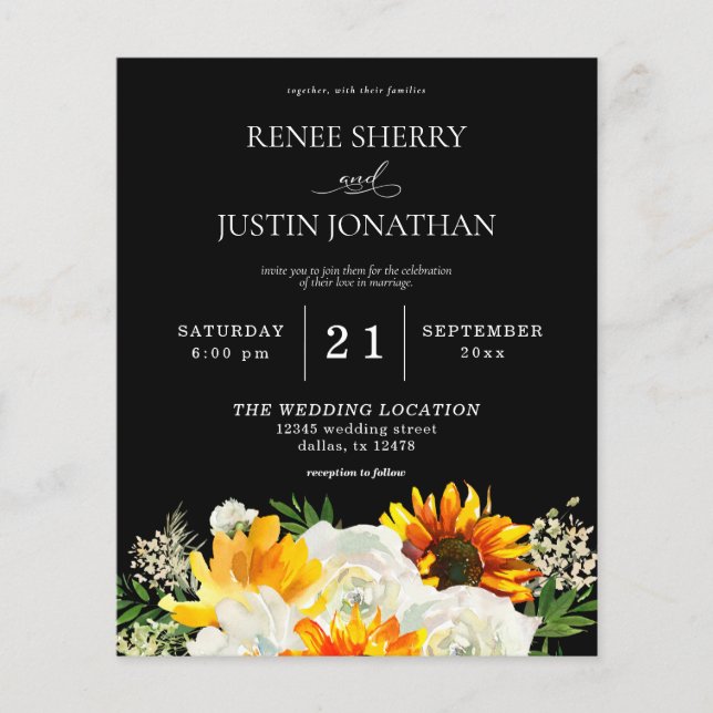 Budget Sunflower & White Rose Black Wedding Flyer (Vorne)