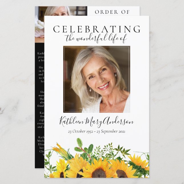 BUDGET Sunflowers Foto Memorial Service Program (Vorne/Hinten)