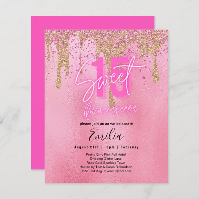 Budget Sweet 15 Rosa Glitzer Foil Quinceanera Glam (Vorne/Hinten)