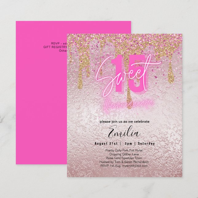Budget Sweet 15 Rosa Glitzer Foil Quinceanera Glam (Vorne/Hinten)