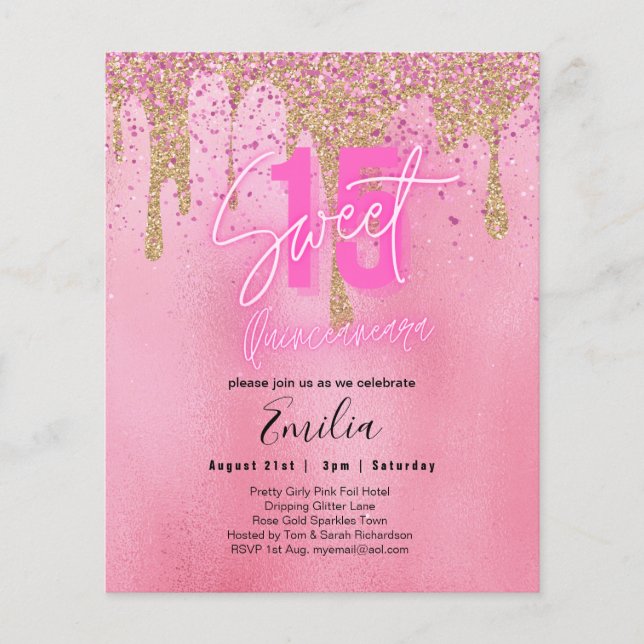 Budget Sweet 15 Rosa Glitzer Foil Quinceanera Glam Flyer (Vorne)