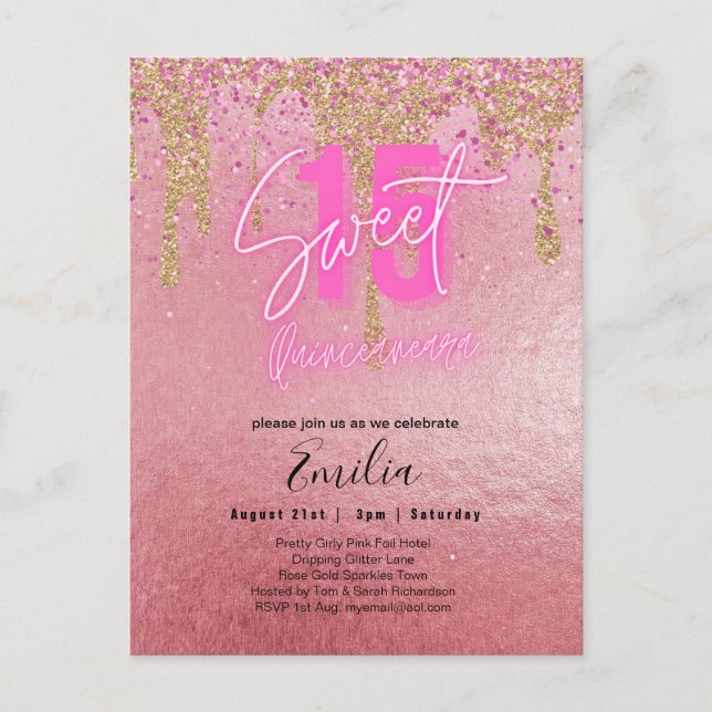 Budget Sweet 15 Rosa Glitzer Foil Quinceanera Postkarte (Vorderseite)