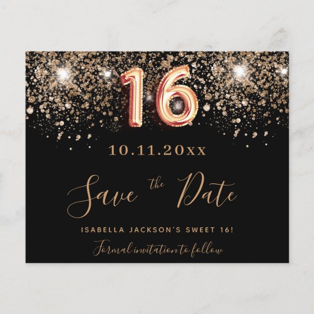 Budget Sweet 16 Black Glitzer Save the Date (Vorderseite)