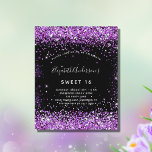 Budget Sweet 16 Black lila Glitzer Einladung<br><div class="desc">Eine moderne,  stilvolle und glamouröse Einladung zu einer Sweet 16. Geburtstagsfeier. Ein schwarzer Hintergrund mit lila Imitaten Glitzer Staub. Der Name ist mit einem modernen handgeschriebenen Stilskript geschrieben. Personalisieren Sie Ihre Party-Daten und fügen Sie sie hinzu.</div>