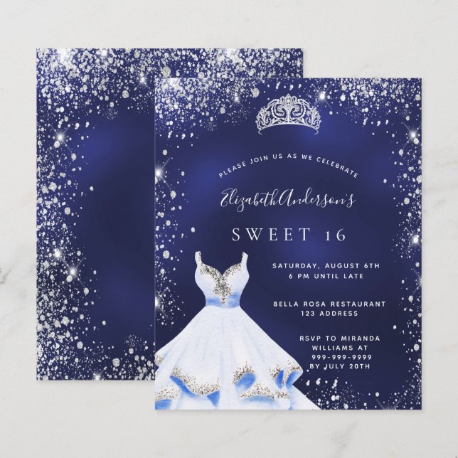 Budget Sweet 16 blauen silbernen Glitzer Kleid tia (Vorne/Hinten)