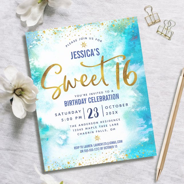 Budget Sweet 16 Blue Watercolor Gold Script Einlad (Von Creator hochgeladen)