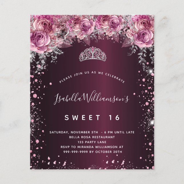 Budget Sweet 16 bordeauxrosa Glitzer Blumenzitara (Vorderseite)