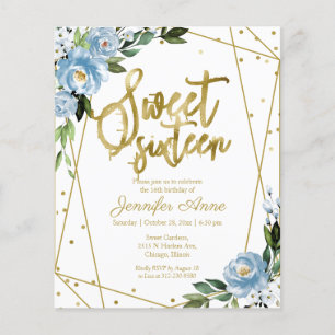 Budget Sweet 16 Einladung Gold Staub Blau Floral