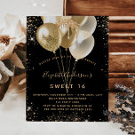 Budget Sweet 16 Glitzer-Ballons<br><div class="desc">Für eine elegante Sweet 16,  16. Geburtstagsfeier. Ein stilvoller schwarzer Hintergrund. Mit dunklem vergoldeten Glitzer,  Glitzern und Ballons dekoriert. Personalisieren und fügen Sie Namen,  Alter und Party Details hinzu. Der Name wird mit einem handgeschriebenen Stilskript geschrieben</div>