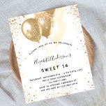 Budget Sweet 16 Glitzer-Ballons aus Weißgold<br><div class="desc">Für eine elegante Sweet 16,  16. Geburtstagsfeier. Ein schick weißer Hintergrund. Dekoriert mit Imitaten vergoldeten Glitzer,  Glitzern und Ballons. Personalisieren und fügen Sie Namen,  Alter und Party Details hinzu. Der Name wird mit einem handgeschriebenen Stilskript geschrieben</div>