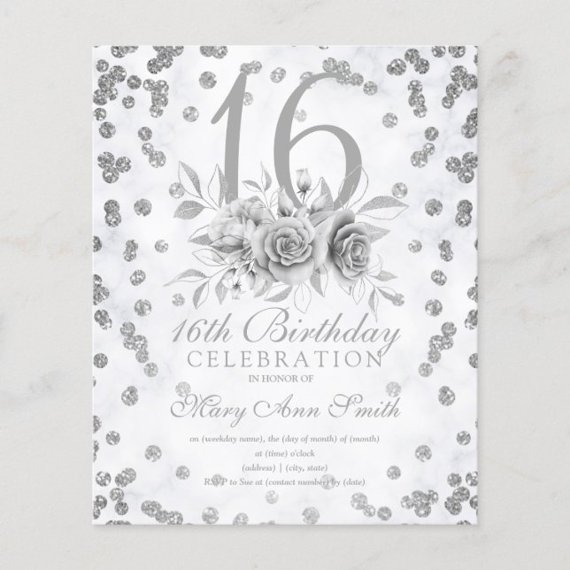 Budget Sweet 16 Glitzer Silver Floral Einladung Flyer (Vorne)