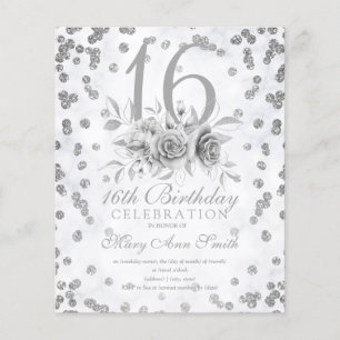 Budget Sweet 16 Glitzer Silver Floral Einladung Flyer