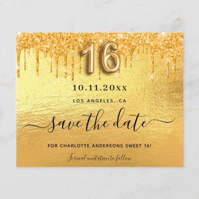 Budget Sweet 16 Gold Glitzer Tropfen Save the Date (Vorderseite)