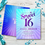Budget Sweet 16 Groovy Lila Blue Gradient Einladun<br><div class="desc">"Alles Gute zum 16. Geburtstag". Senden Sie diese coole boho Retro, personalisierte Budget-Party Einladung für eine Veranstaltung zu erinnern. Die trendige, fett lila und marineblaue Typografie mit moderner Sans-Serif-Typografie überlagert den Hintergrund von türkisfarbenen Pop und lila Ober-Farbradien mit weißen Punkten. Auf der Rückseite, eine weiße, süße 16 Grafik überlagert einen...</div>