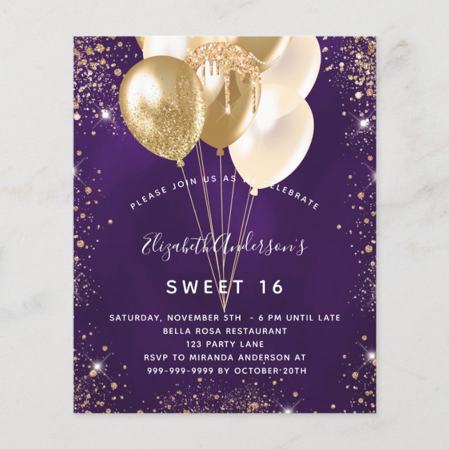Budget Sweet 16 lila Goldballons Glitzer (Vorderseite)
