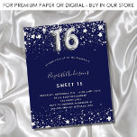 Budget Sweet 16 Marineblau Silber Einladung<br><div class="desc">Eine moderne,  stilvolle und glamouröse Einladung zu einer Sweet 16. Geburtstagsfeier. Ein marineblau-blauer Hintergrund,  mit Imitaten verziert,  die silberne Sterne tragen. Personalisieren Sie Ihren Namen und Ihre Party-Daten und fügen Sie diese hinzu. Nummer 16 wird mit einem Schriftart im Ballonstil geschrieben.</div>