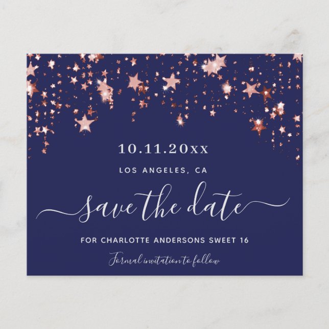 Budget Sweet 16 marineblaue Rose Save the Date (Vorderseite)