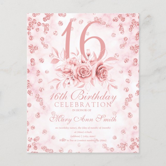 Budget Sweet 16 Marmor Glitzer Rose Gold Floral Flyer (Vorne)