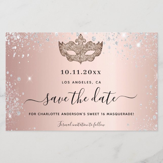 Budget Sweet 16 masquerade Rose Gold Save the Date (Vorderseite)
