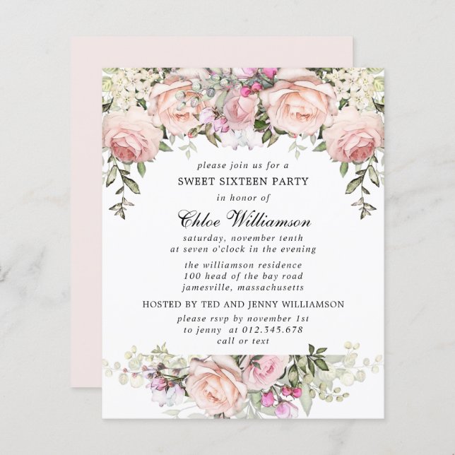 Budget Sweet 16 Party Blush Pink Blumenladen (Vorne/Hinten)