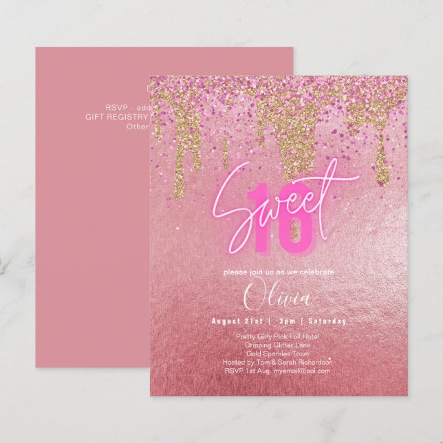Budget Sweet 16 Pink Glitzer Foil Girly Modern (Vorne/Hinten)