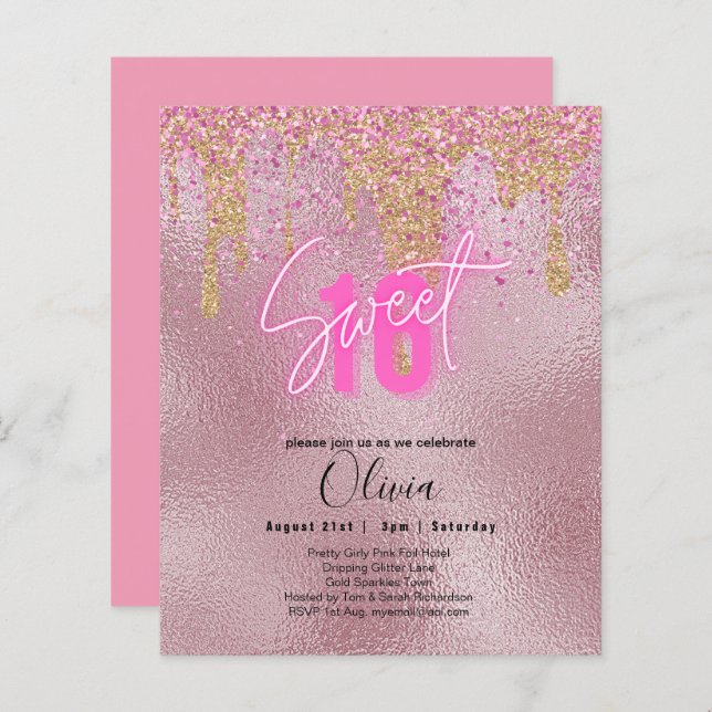 Budget Sweet 16 Pink Glitzer Foil Girly Modern Fl (Vorne/Hinten)