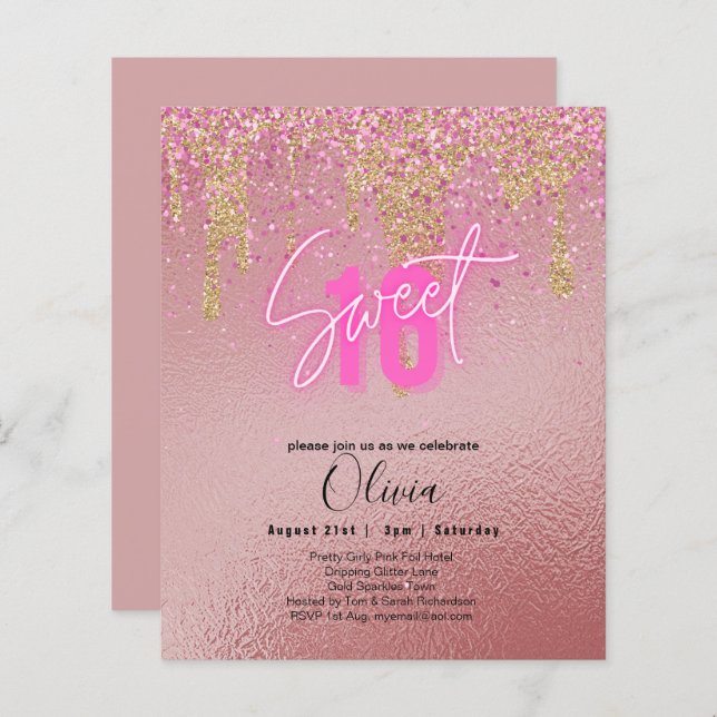 Budget Sweet 16 Pink Glitzer Foil Girly Modern Fl (Vorne/Hinten)