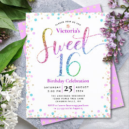 Budget Sweet 16 Rainbow Glitzer Confetti Einladung