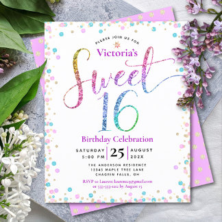 Budget Sweet 16 Rainbow Glitzer Confetti Einladung