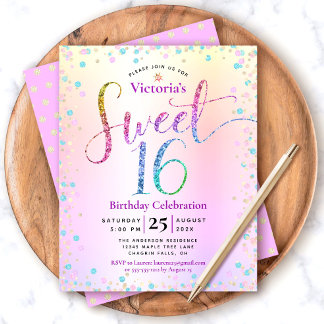 Budget Sweet 16 Rainbow Glitzer Ombre Einladung