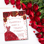 Budget Sweet 16 Red White Kleid Einladung<br><div class="desc">Eine moderne,  stilvolle und glamouröse Einladung zu einer Sweet 16. Geburtstagsfeier. Weißer Hintergrund mit Glitzern,  rotes Kleid und rote Rosen,  Blumenmuster. Der Name ist mit einem modernen handgeschriebenen Stilskript geschrieben. Personalisieren Sie Ihre Party-Daten und fügen Sie sie hinzu.</div>