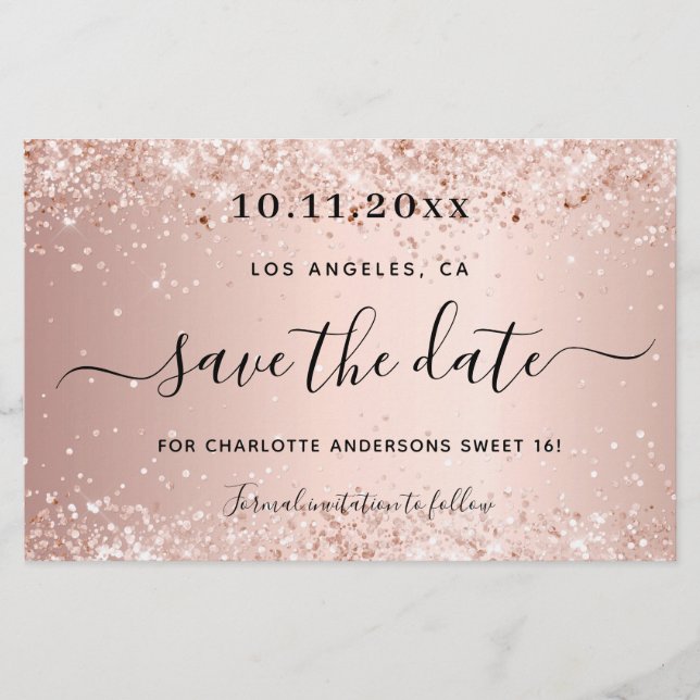 Budget Sweet 16 Rose Gold Glitzer Save the Date (Vorderseite)