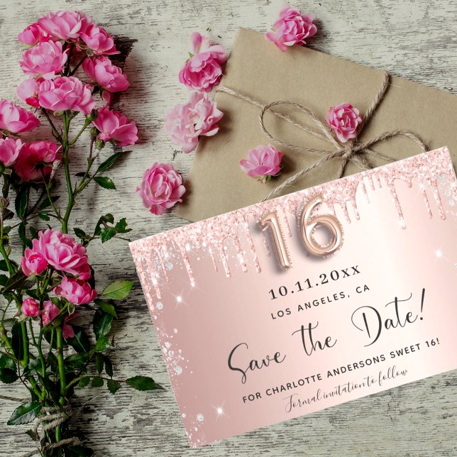 Budget Sweet 16 Rose Gold Glitzer Save the Date (Von Creator hochgeladen)