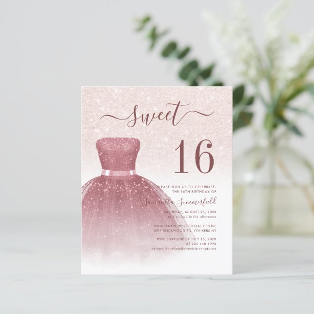 Budget Sweet 16 Rose Gold Glitzer Tropfen Script (Stehend Vorderseite)