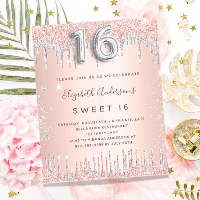 Budget Sweet 16 Rose Gold Silber Einladung (Von Creator hochgeladen)