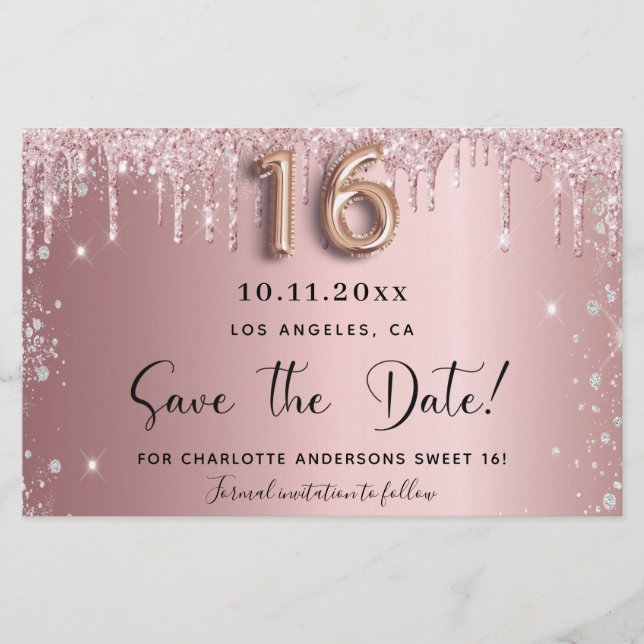 Budget Sweet 16 rot-rosa Glitzer Save the Date (Vorderseite)