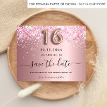 Budget Sweet 16 rot-rosa Glitzer Save the Date<br><div class="desc">Eine gmädchenhafte und trendige Save the Date-Karte für eine Sweet 16, 16. Geburtstagsfeier. Rosa Imitat mit rosa Imitat metallisch mit rosa Glitzer Staub. Personalisieren und fügen Sie Datum und Namen/Text hinzu. Der Text: Save the Date wird mit einem großen angesagten, handgeschriebenen Stilskript mit Swashes geschrieben. Nummer 16 mit einer Rose...</div>